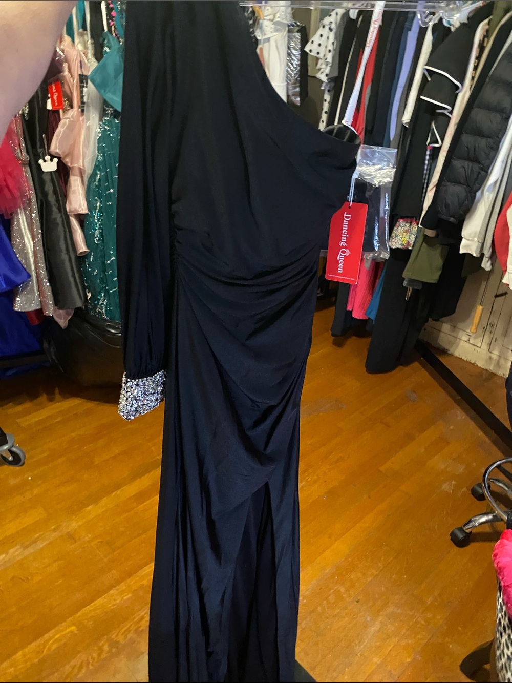Dancing Queen Navy One-Shoulder Evening Gown with Embellished Cuff